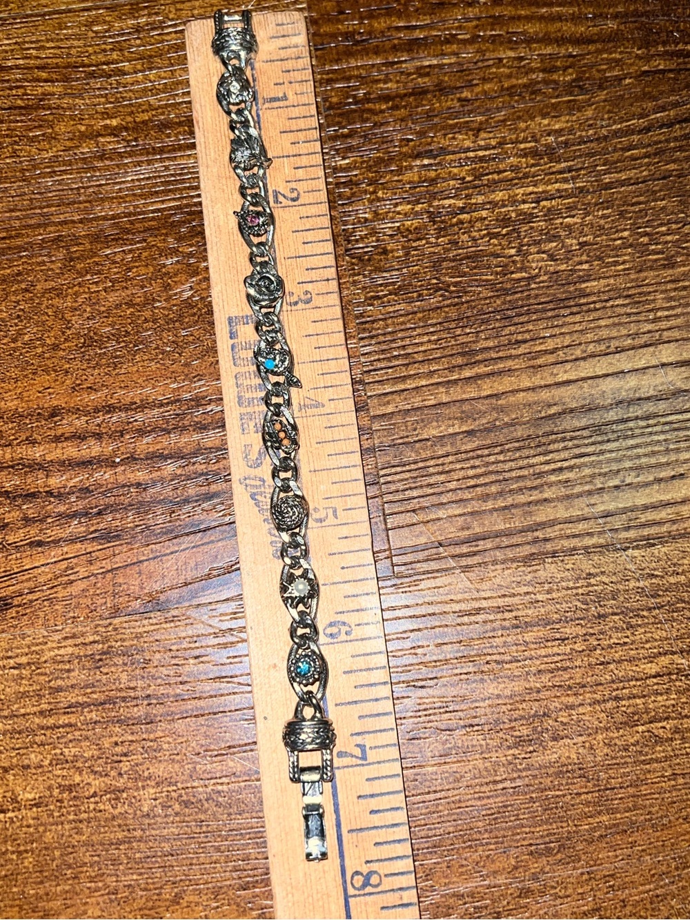 Vintage Goldette Silver Tone Victorian Multi-Stone Colorful Charm Link Bracelet - Picture 12 of 12